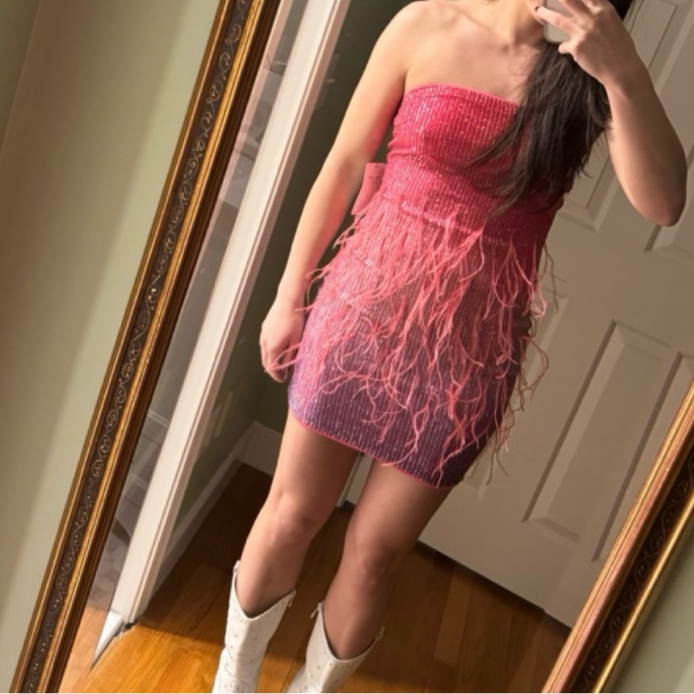 Pink Ruched Tiered Strapless Cocktail Dress